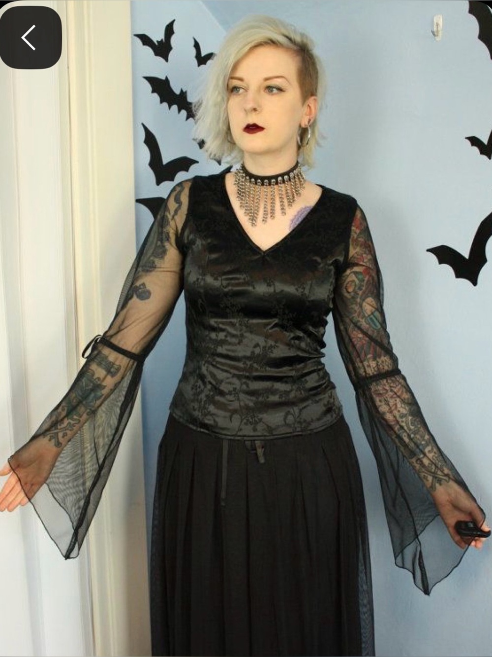 Vintage 90s Womens Morbid Threads Drama Drape bell Sleeve Goth Brocade Top Size